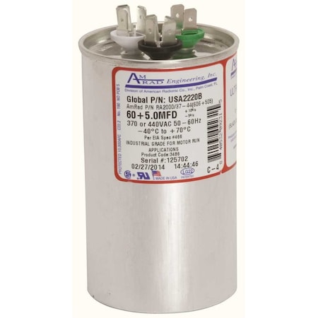 Amrad Engineering ROUND MOTOR RUN CAPACITOR, 60/5 MFD, 370/440 VAC USA2220B